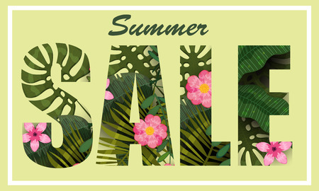 Summer Sale trendy tropical leaves and flowers. Design. background template of exotic plants and hibiscus flowers. Trend pattern jungle. Vector, illustration, isolated, poster, banner, flyer, invitationのイラスト素材