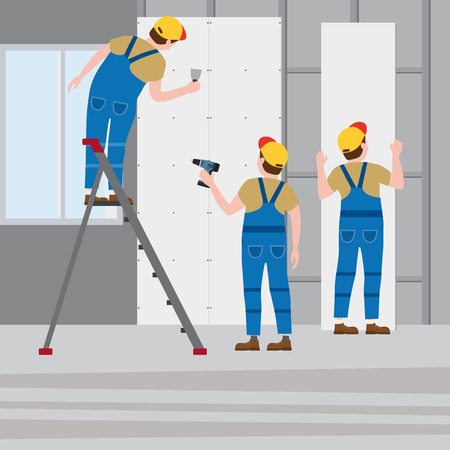 Workers put plaster on a stepladder, installing gypsum plasterboard panels in the interior. Vector illustration, isolated. Construction industry, repair, new home, building interiorのイラスト素材