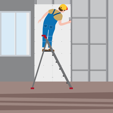 Professional working man on a stepladder applies plaster in imteriorのイラスト素材