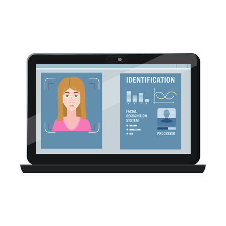 Face recognition. Identification of a biometric person, personality through the intellectual recognition system of a human face, womanのイラスト素材