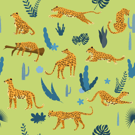 Seamless pattern with leopards in different poses with tropical leaves, plants, mammal, predator, jungleのイラスト素材