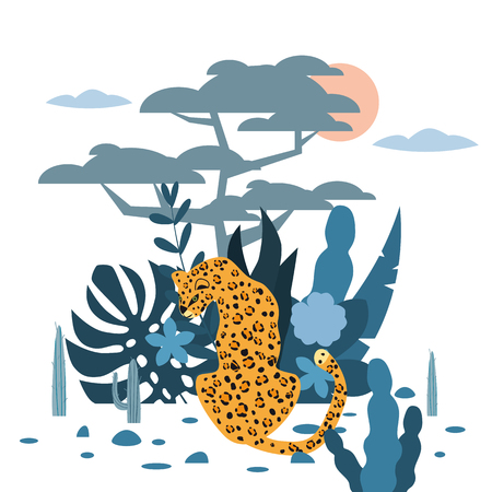 Cute leopard, plant and tree background, graphic trend style, animal predator mammal, jungle. Vector, illustration, isolated cartoon styleのイラスト素材