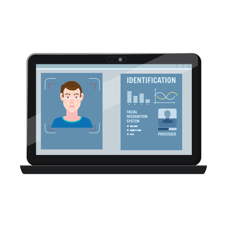 Face recognition. Identification of a biometric person, personality through the intellectual recognition system of a human face, manのイラスト素材