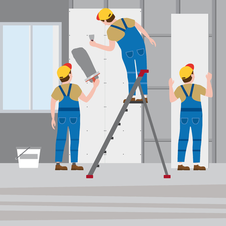 Workers put plaster on a stepladder, installing gypsum plasterboard panels in the interior. Vector illustration, isolated. Construction industry, repair, new home, building interiorのイラスト素材