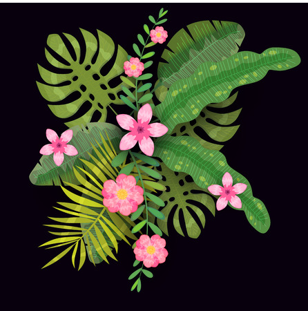 Summer trendy template exotic plants and hibiscus flowers tropical backgroundのイラスト素材