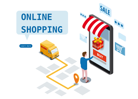Online shopping, express delivery service, courier service. Isometric design smartphone buyer orders goods, delivery truck, city map, transport logistics. Mobile applications technology. Template, poster, banner, vector, illustrationのイラスト素材