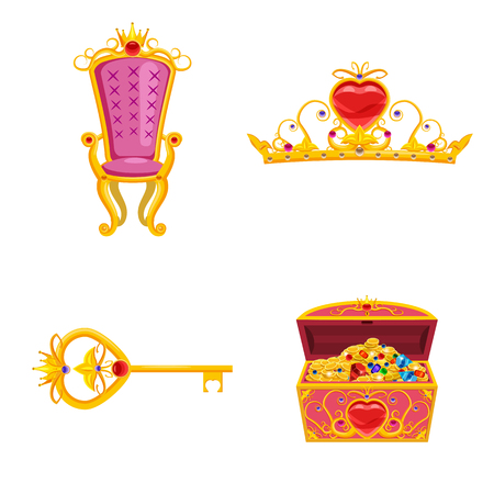 Set Fairy World elements and attributes of design. Treasure chest, tiara, key, throne. Vector, illustration, cartoon style, isolatedのイラスト素材