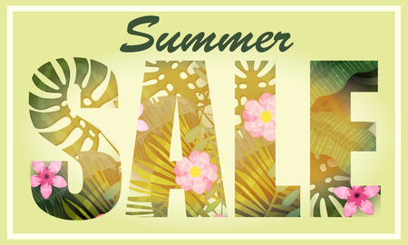 Summer Sale trendy tropical leaves and flowers. Design. background template of exotic plants and hibiscus flowers. Trend pattern jungle. Vector, illustration, isolated, poster, banner, flyer, invitationのイラスト素材
