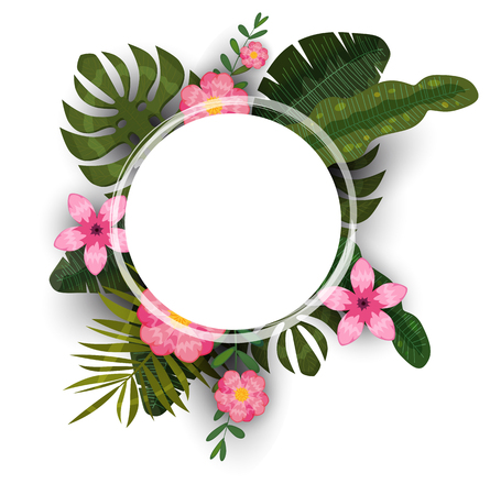 Summer tropical trendy background template of exotic plants and hibiscus flowersのイラスト素材