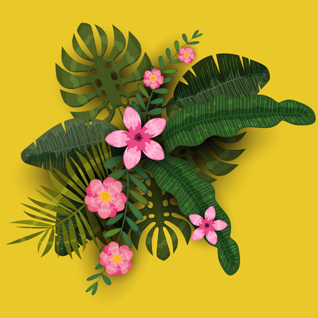 Summer trendy template exotic plants and hibiscus flowers tropical backgroundのイラスト素材