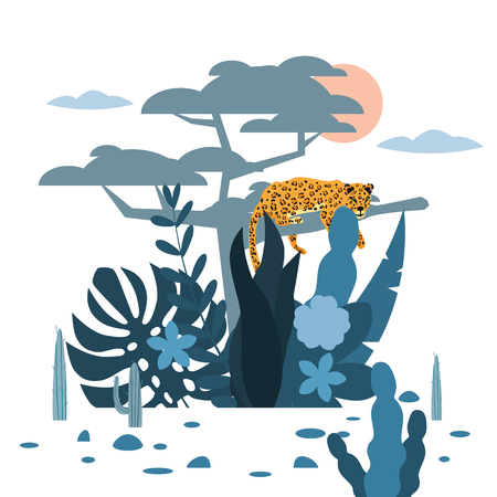 Leopard sitting on a tree, cute, plant and tree background, graphic trend style, animal predator mammal, jungle. Vector, illustration, isolated cartoon styleのイラスト素材