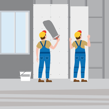 Workers put plaster, installing gypsum plasterboard panels in the interior. Vector illustration, isolated. Construction industry, repair, new home, building interiorのイラスト素材