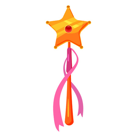 Magic wand. Magic accessory in the shape of a star, decorated with diamonds, precious stones. Vector, illustration, cartoon style, isolatedのイラスト素材