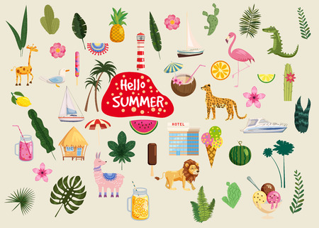 Set of cute trendy hello summer icons food, drinks, cactus, flowers, palm leaves, fruits, ice cream, bungalow, hotel, boats, boats, leopard, lion, crocodile, llama and flamingo. Bright summer poster. Vector, illustration, isolatedのイラスト素材