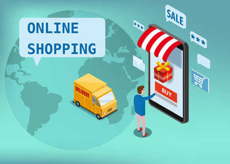 Online shopping, express delivery service, courier service. Isometric design smartphone buyer orders goods, delivery truck, world map, transport logistics. Mobile applications technology. Landing page template, poster, banner, vector, illustrationのイラスト素材