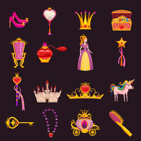 Set Princess World elements and attributes of design. Castle, mirror, throne, carriage, shoes, hairbrush, magic wand, treasure chest, tiara, perfume, key, crown. Vector, illustration, cartoon style, isolatedのイラスト素材