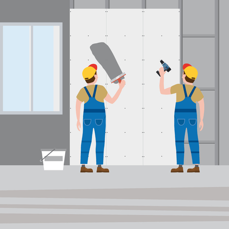 Workers put plaster, installing gypsum plasterboard panels in the interior. Vector illustration, isolated. Construction industry, repair, new home, building interiorのイラスト素材