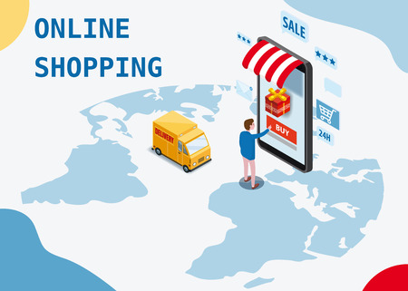 Online shopping, express delivery service, courier service. Isometric design smartphone buyer orders goods, delivery truck, world map, transport logistics. Mobile applications technology. Landing page template, poster, banner, vector, illustrationのイラスト素材