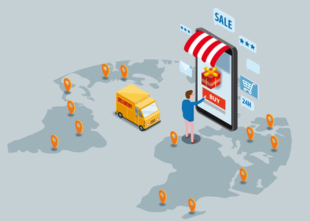 Online shopping, express delivery service, courier service. Isometric design smartphone buyer orders goods, delivery truck, world map, transport logistics. Mobile applications technology. Landing page template, poster, banner, vector, illustrationのイラスト素材