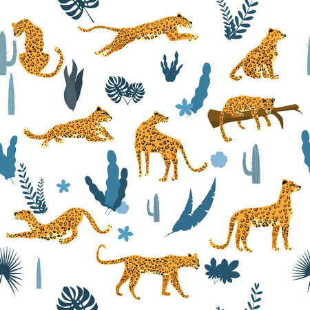 Seamless pattern with leopards in different poses with tropical leaves, plants, mammal, predator, jungle. Trend Style, Vector, Illustration, Isolatedのイラスト素材