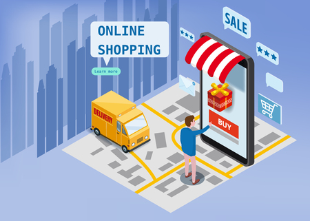 Online shopping, express delivery service, courier service. Isometric design smartphone buyer orders goods, delivery truck, city map, transport logistics. Mobile applications technology. Template, poster, banner, vector, illustrationのイラスト素材