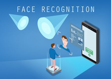 Isometric design. The smartphone scans the face of a person. Biometric identification, maleのイラスト素材