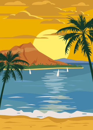 Retro Vintage style travel poster or sticker. Tropical island paradise sunset, ocean, beach and palm trees. Summer vacation holiday. Vector, isolatedのイラスト素材