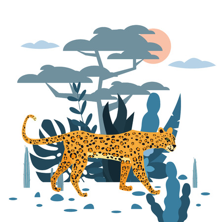 Cute leopard, plant and tree background, graphic trend style, animal predator mammal, jungle. Vector, illustration, isolated cartoon styleのイラスト素材