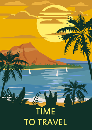 Retro Vintage Time to Travel style travel poster or sticker. Tropical island paradise sunset, ocean, beach and palm trees. Summer vacation holiday. Vector, isolatedのイラスト素材