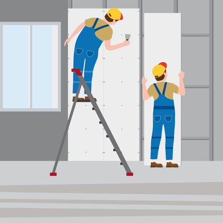 Workers put plaster on a stepladder, installing gypsum plasterboard panels in the interior. Vector illustration, isolated. Construction industry, repair, new home, building interior