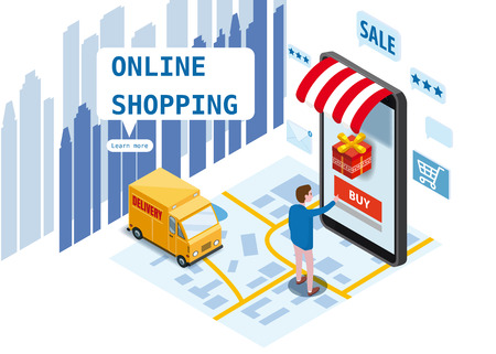 Online shopping, express delivery service, courier service. Isometric design smartphone buyer orders goods, delivery truck, city map, transport logistics. Mobile applications technology. Template, poster, banner, vector, illustrationのイラスト素材