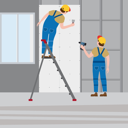 Workers put plaster on a stepladder, installing gypsum plasterboard panels in the interior. Vector illustration, isolated. Construction industry, repair, new home, building interiorのイラスト素材
