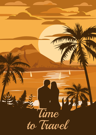 Retro Vintage style travel poster or sticker. Tropical island paradise couple of lovers sunset, ocean, beach and palm trees. Summer vacation holiday. Vector, isolatedのイラスト素材