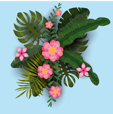 Summer trendy template exotic plants and hibiscus flowers tropical background. Trend pattern jungle. Vector, illustration, isolated, poster, banner, flyer, invitationのイラスト素材