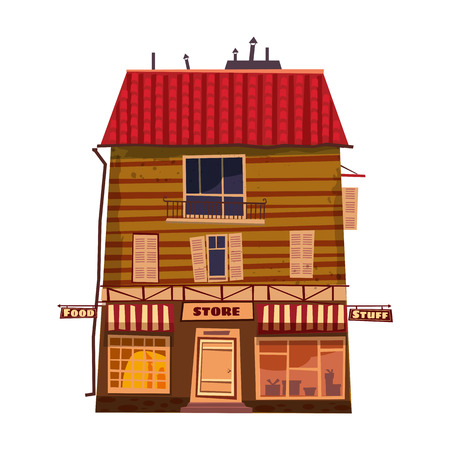 Grocery store, shop facade, building. Vector illustration for local market store house design. Cartoon style, isolated, vectorのイラスト素材