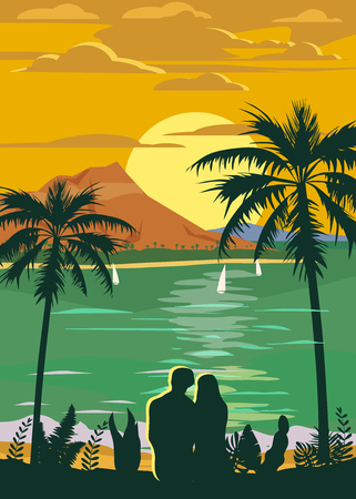 Retro Vintage style travel poster or sticker. Tropical island paradise couple of lovers sunset, ocean, beach and palm trees. Summer vacation holiday. Vector, isolatedのイラスト素材