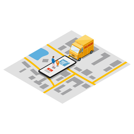 Isometry express cargo delivery route navigation map of the city, smartphone, van deliveryのイラスト素材