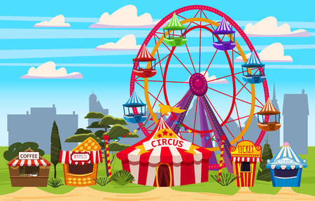 Amusement park, a cityscape with a circus, carousels, carnival, attraction and entertainment, ice cream stall, drinks tent, waffles, ticket office. Vector illustration, isolated, cartoon style, banner, flyerのイラスト素材
