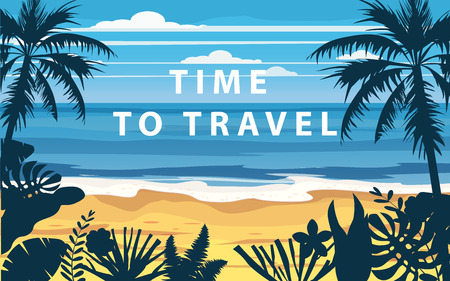 Time to travel Summer holidays vacation seascape landscape seascape ocean sea beach, coast, palm leavesのイラスト素材
