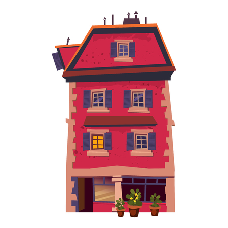 Building house, historic, old architecture, street cafe, flowers, city, urban business, restaurant inside the private building concept. Vector, illustration, isolated, cartoon styleのイラスト素材