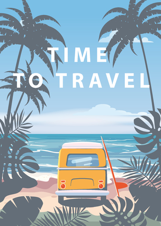 Time to travel Summer holidays vacation seascape landscape ocean sea beach, coast, palm leaves. Bus surfboard, retro, tropical leaves, palm trees, template, vector, banner, poster, illustration, isolatedのイラスト素材