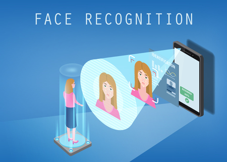 Isometric design. The smartphone scans the face of a person. Biometric identification, femaleのイラスト素材
