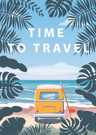 Time to travel Summer holidays vacation seascape landscape ocean sea beach, coast, palm leaves. Bus surfboard, retro, tropical leaves, palm trees, template, vector, banner, poster, illustration, isolatedのイラスト素材
