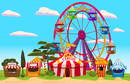 Amusement park, a landscape with a circus, carousels, carnival, attraction and entertainmentのイラスト素材