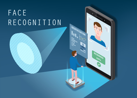 Isometric design. The smartphone scans the face of a person. Biometric identification, maleのイラスト素材