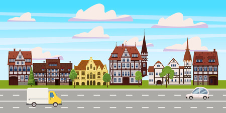 Cityscape, panorama horizontal view, old buildings architecture, road highway cars. Vector, illustration, cartoon, isolatedのイラスト素材
