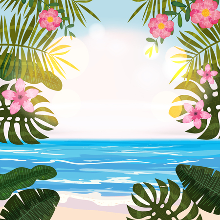 Summer tropical background with exotic floral plants leaves palm, beach ocean seashoreのイラスト素材