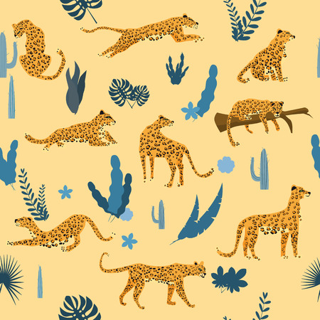 Seamless pattern with leopards in different poses with tropical leaves, plants, mammal, predator, jungle. Trend Style, Vector, Illustration, Isolatedのイラスト素材
