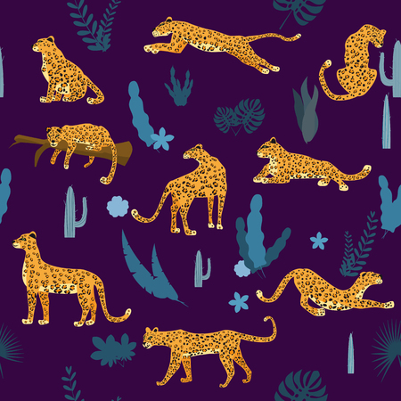 Seamless pattern with leopards in different poses with tropical leaves, plants, mammal, predator, jungle. Trend Style, Vector, Illustration, Isolatedのイラスト素材