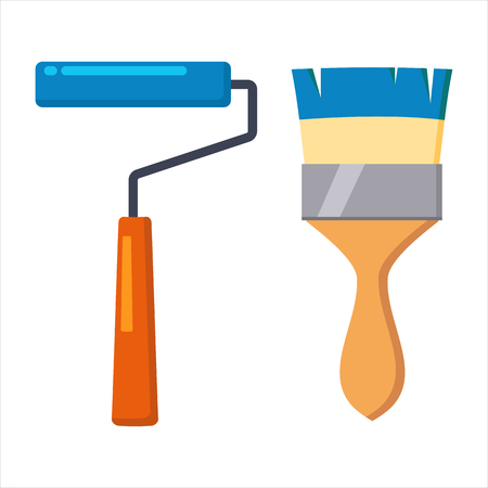 Brush, roller brush painting wall. Repair tools. Painter instruments. Home work process vector illustration isolated on white. Cartoon styleのイラスト素材